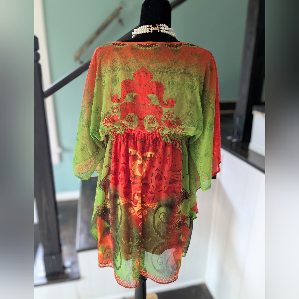 Red and Green Bohemian Tunic Dress/Beach Cover Up/Topper - Picture 2 of 5